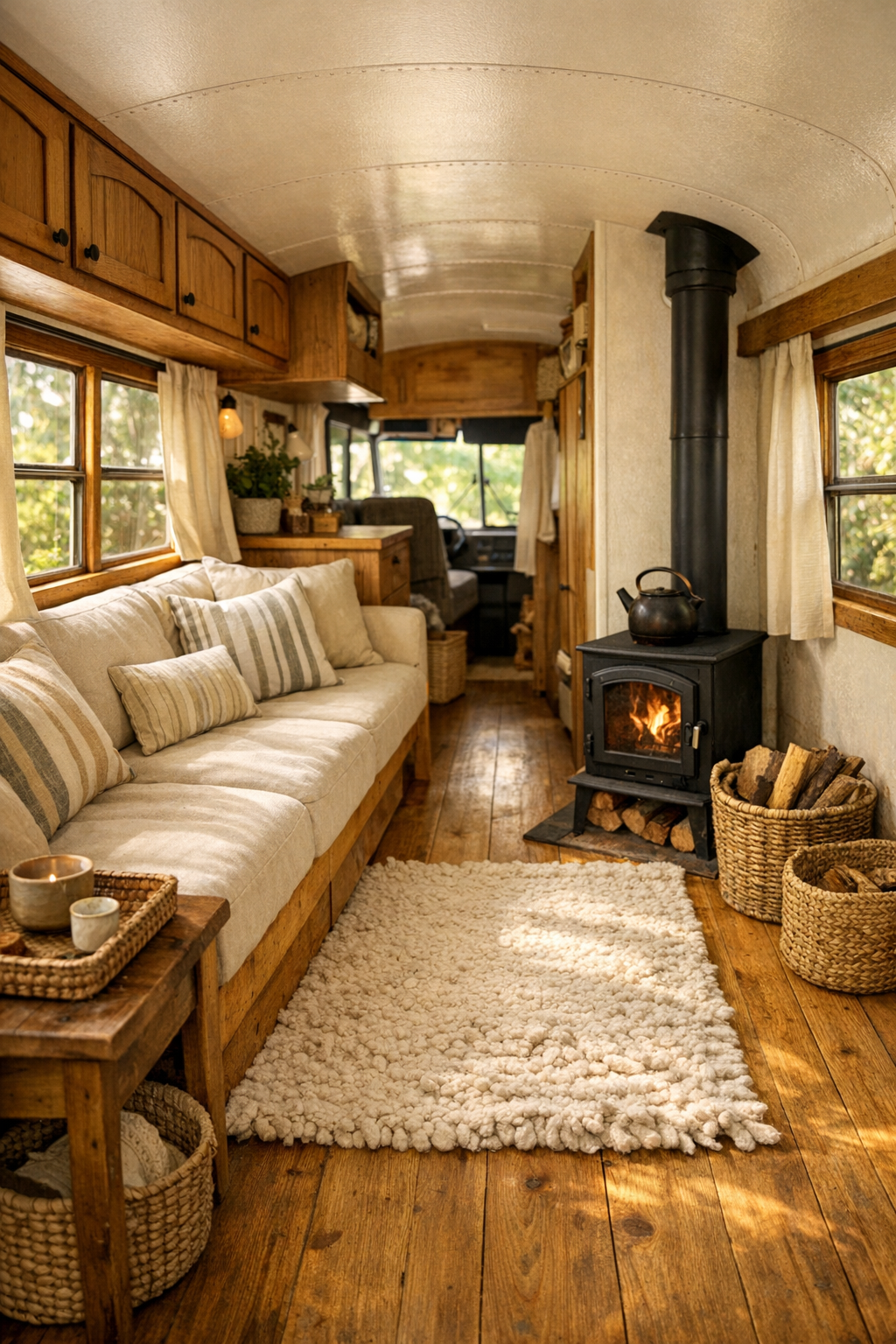 Rustic bus living room with built-in bench seating and wood-framed windows