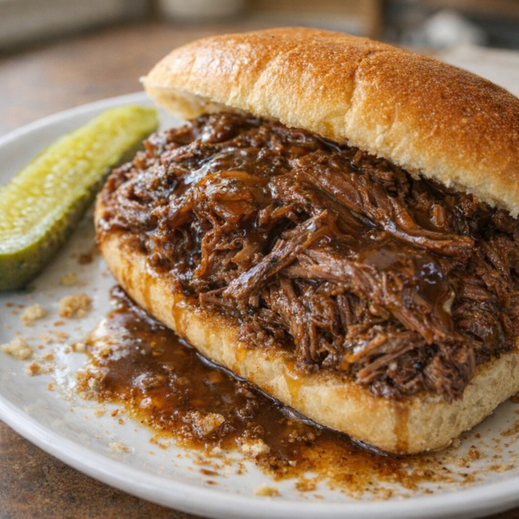 Leftover beef roast sandwich made with gravy on a toasted roll