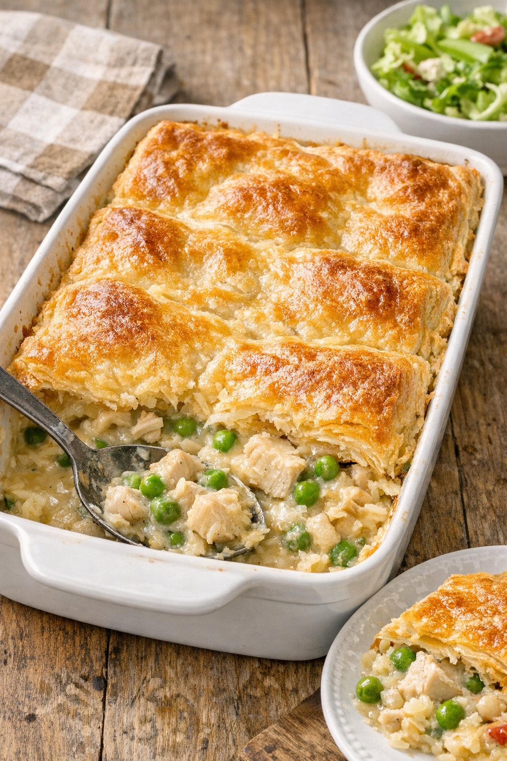Chicken casserole variation with peas under pastry