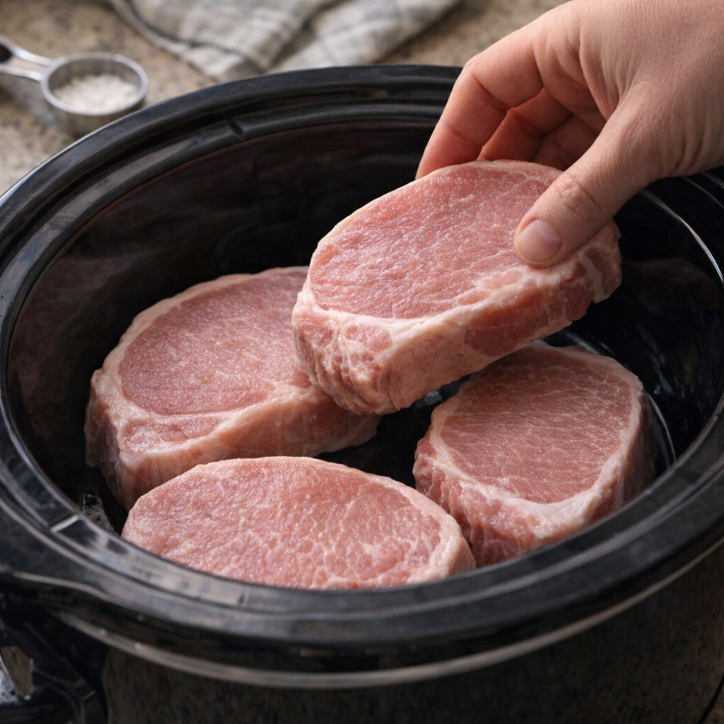 Raw pork chops arranged in a slow cooker