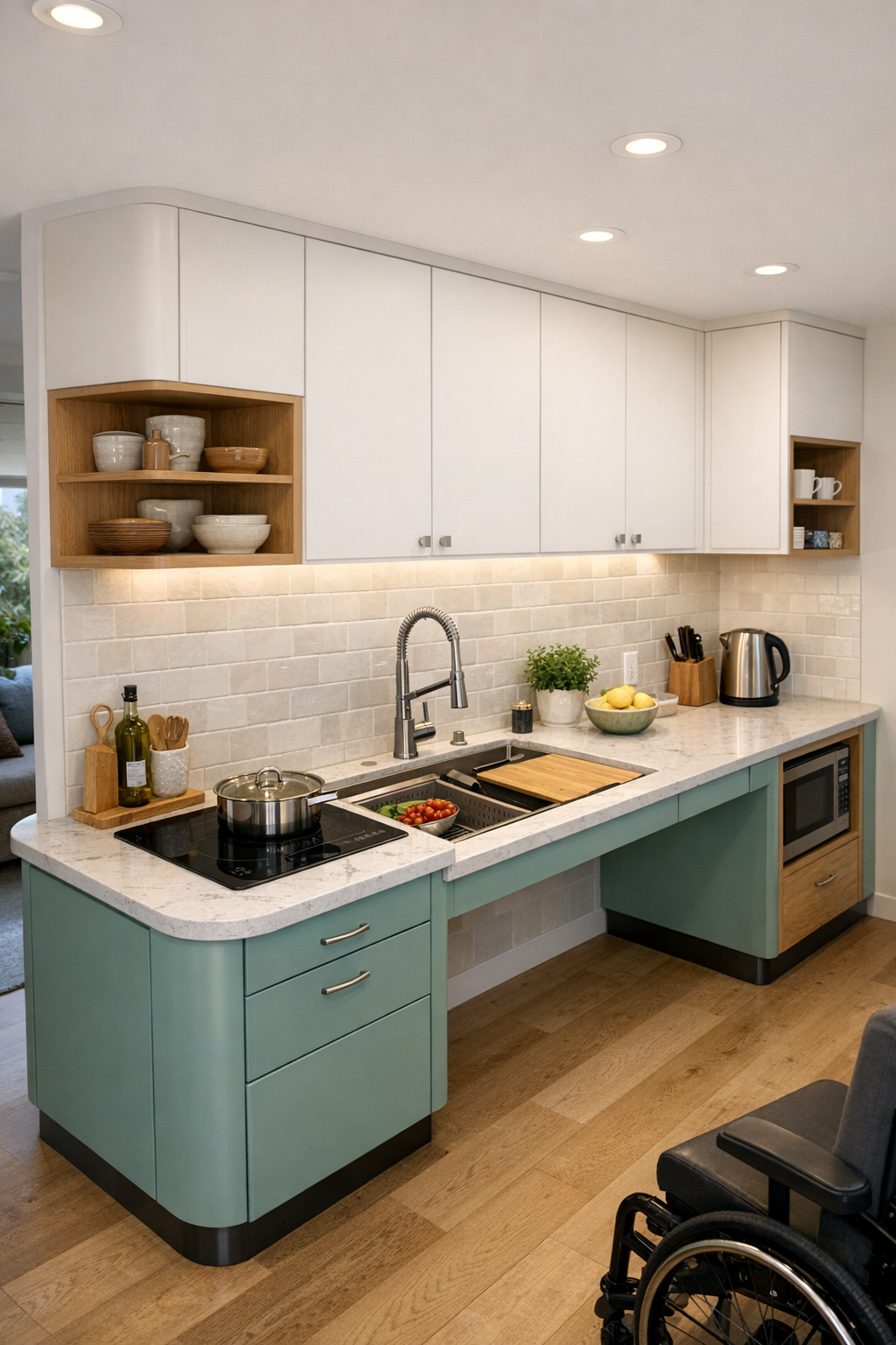 Seafoam accessible tiny home kitchen with quartz counters, handmade tile backsplash, and pale oak details