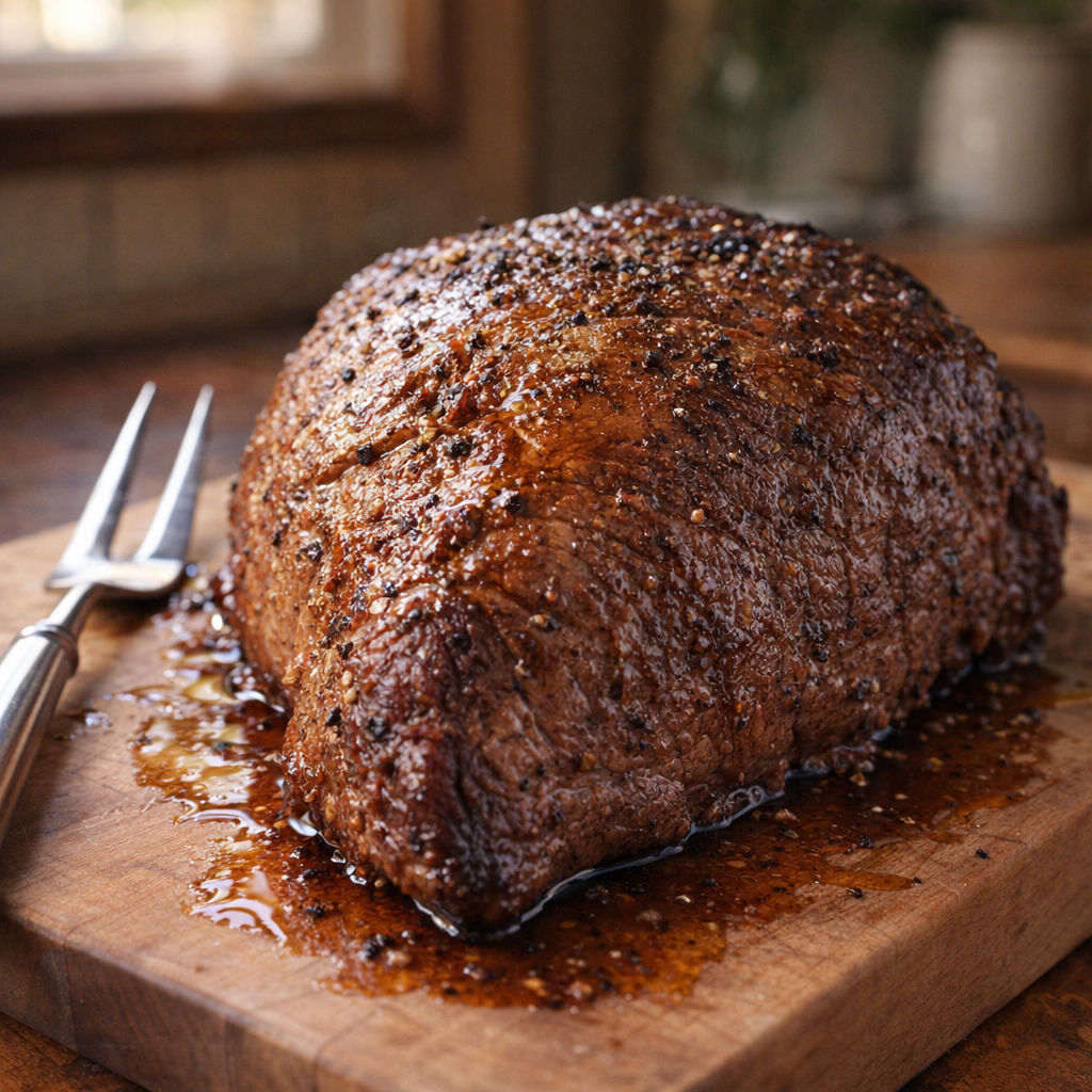 Cooked sirloin tip roast resting on a cutting board