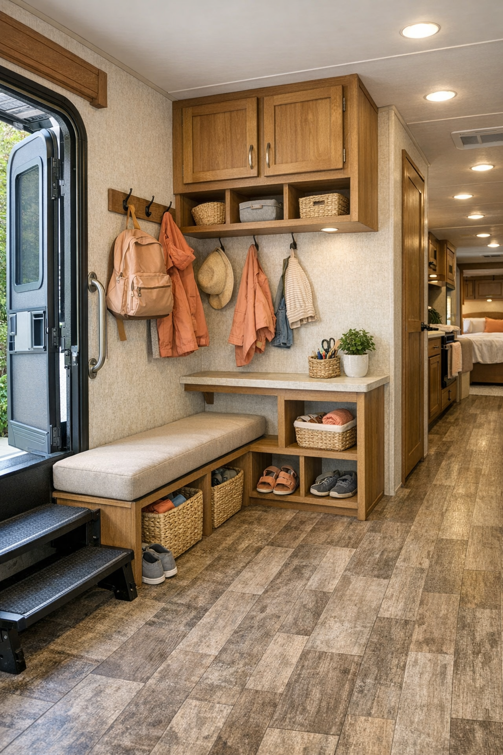 RV camper entry and storage area with accessible layout and built-ins