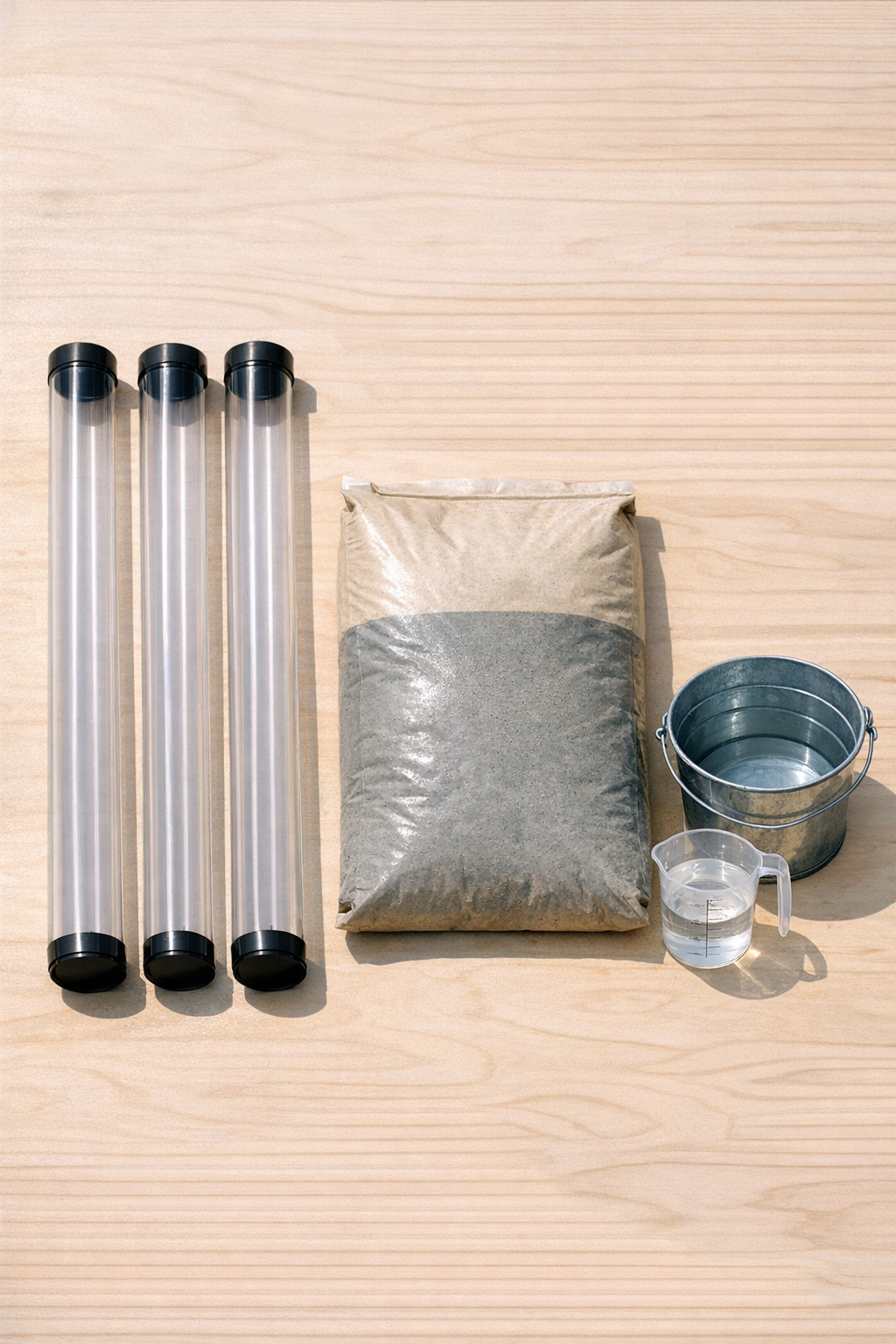 Materials for making cement garden posts laid out on a work surface