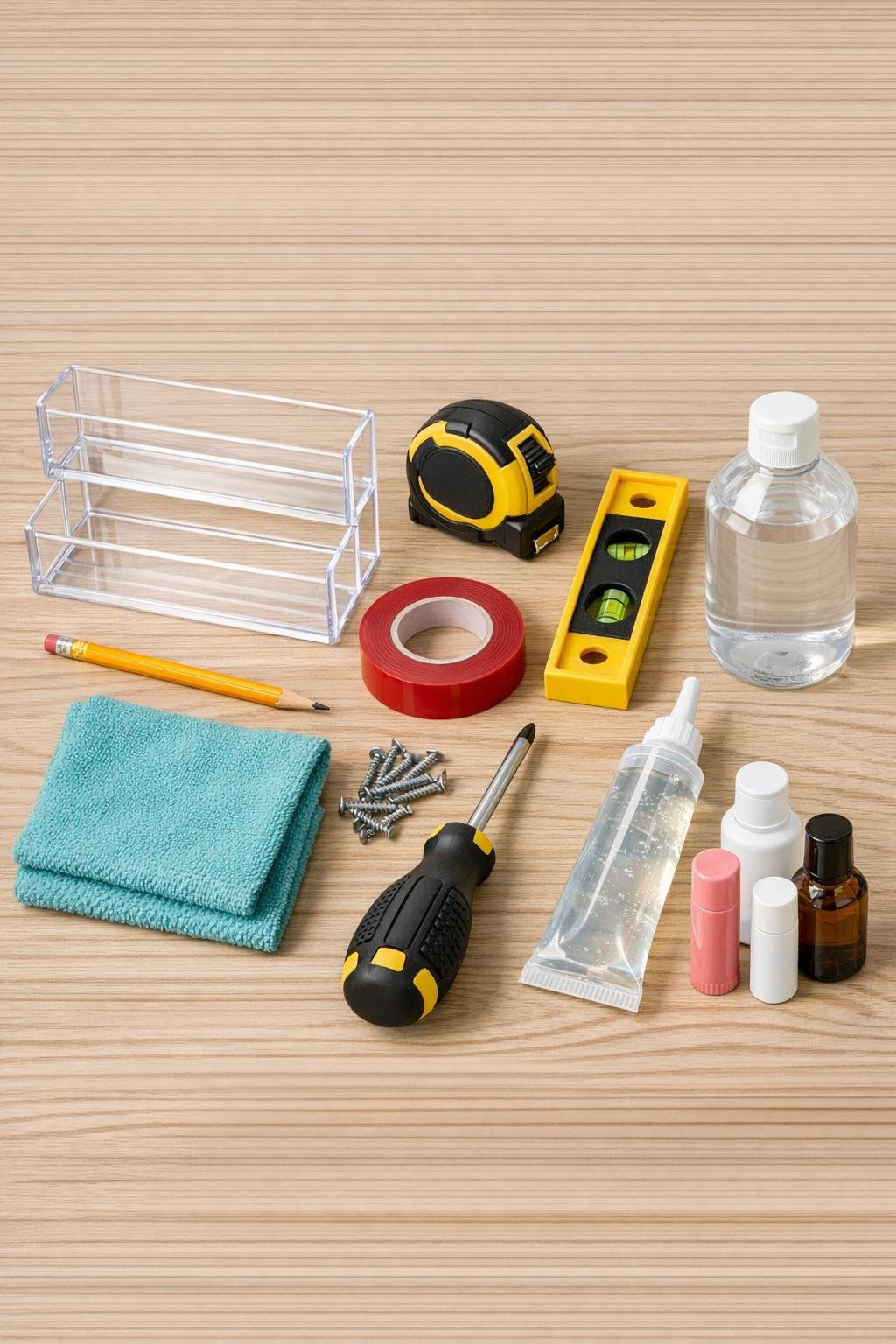 Materials for mounting a small acrylic spice rack inside a medicine cabinet door