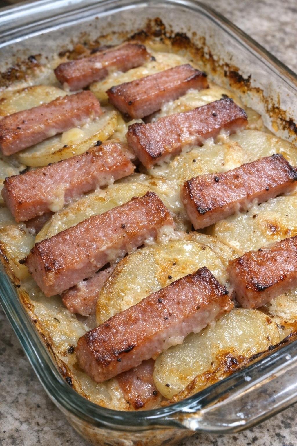 Spam and potato casserole baked until golden