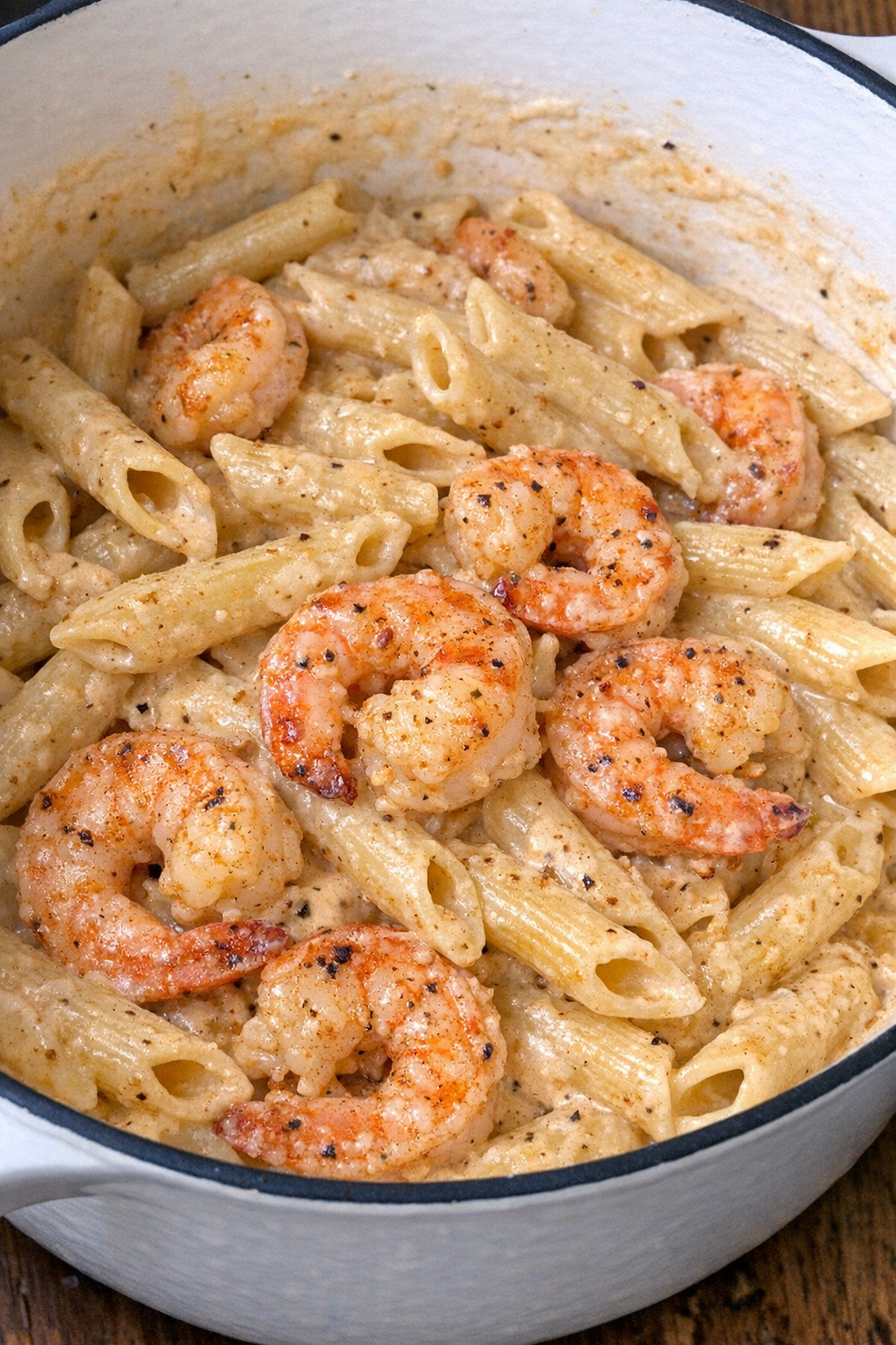 Creamy Cajun shrimp pasta in a white ceramic pot