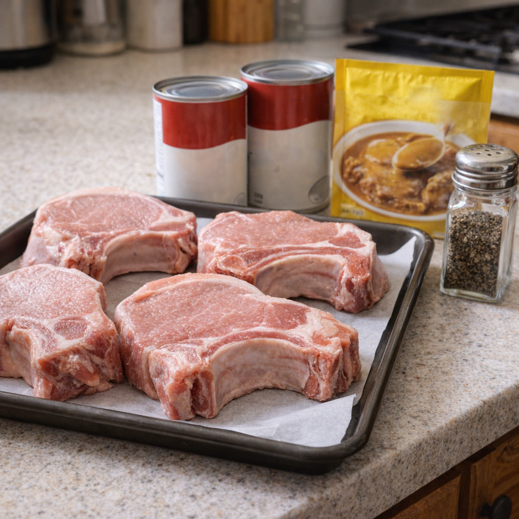 Simple pork chop ingredients arranged on a kitchen counter