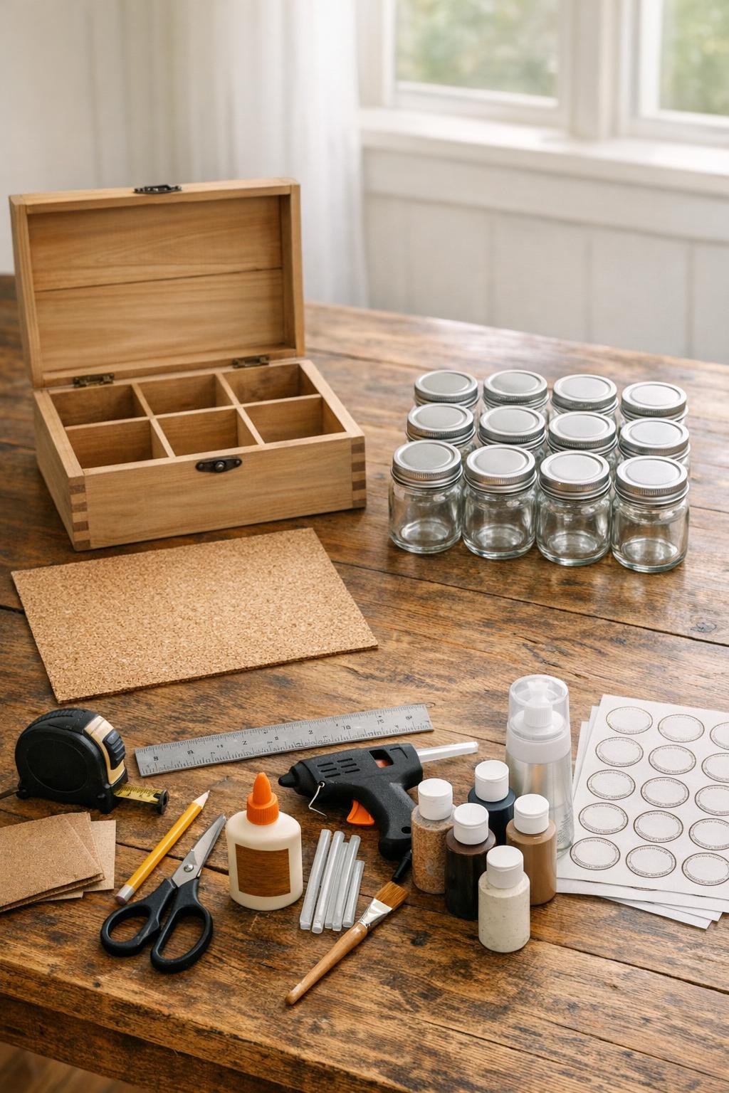 Materials for making a spice drawer organizer laid out neatly