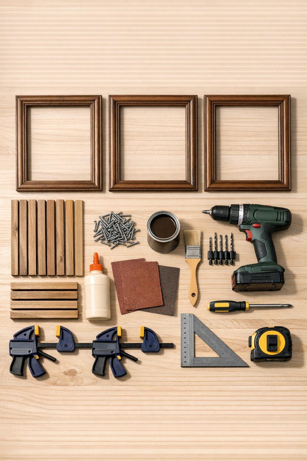 Old wooden picture frames, wood slats, screws, paint, and tools laid out for the project