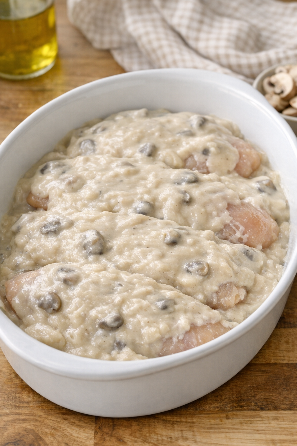Chicken breasts covered with cream of mushroom soup in a casserole dish