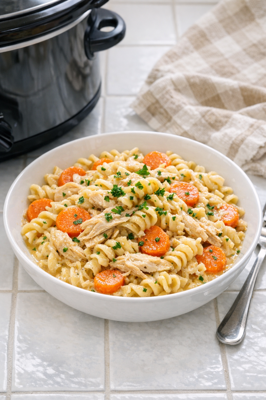 Finished Amish carrot chicken pasta plated in a shallow bowl