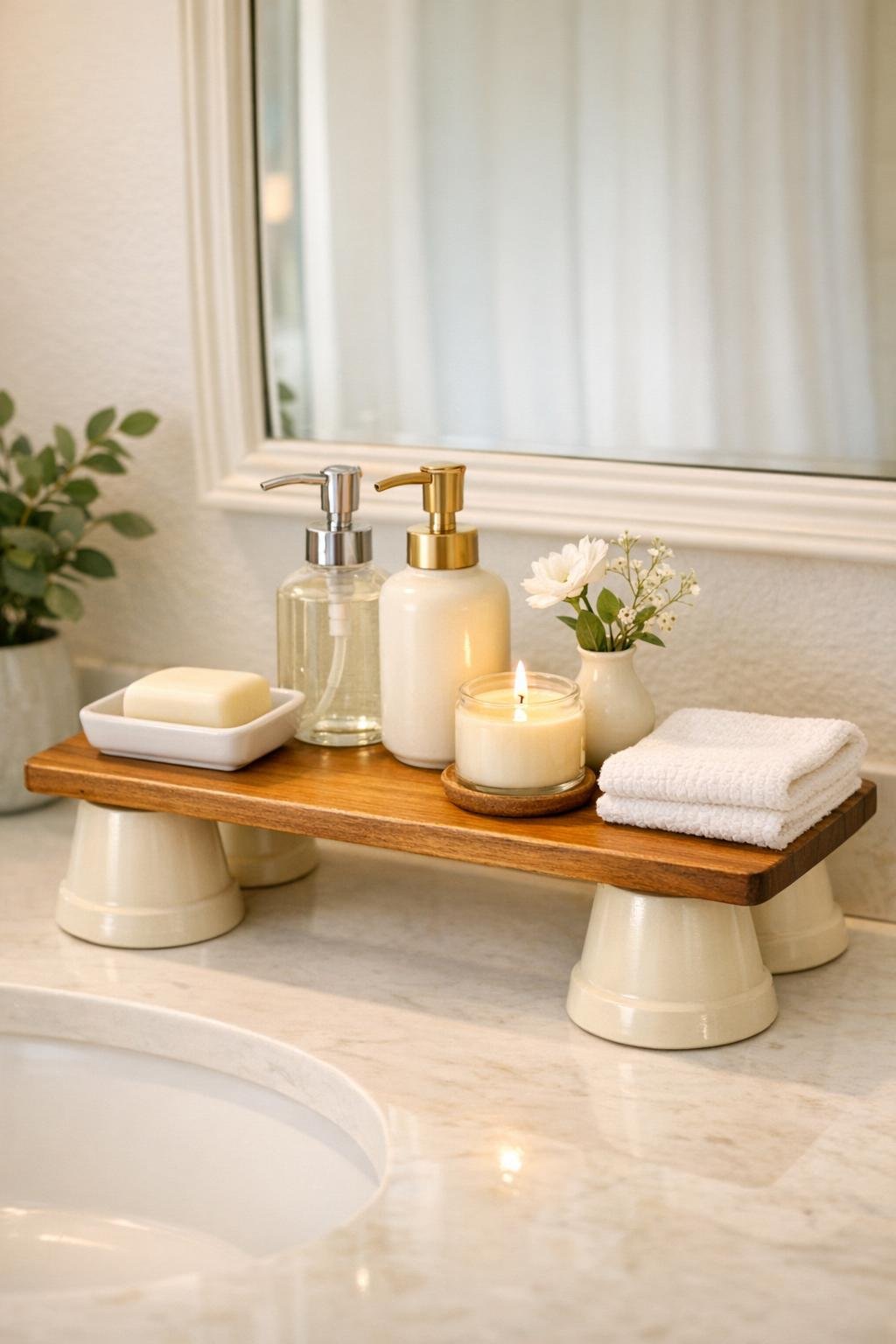Completed bathroom vanity riser on a bathroom counter