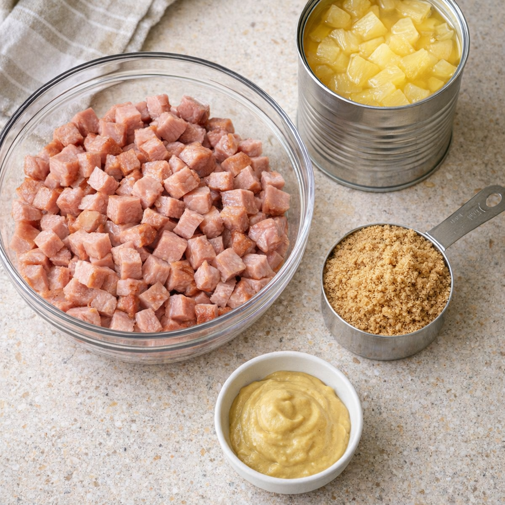 Ingredients for slow cooker ham laid out on kitchen counter