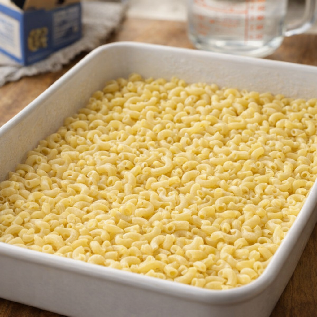 Uncooked elbow macaroni layered in a greased baking dish