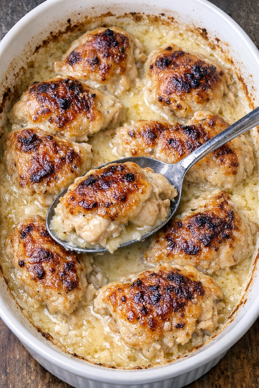 Golden brown chicken in creamy sauce in a white casserole dish
