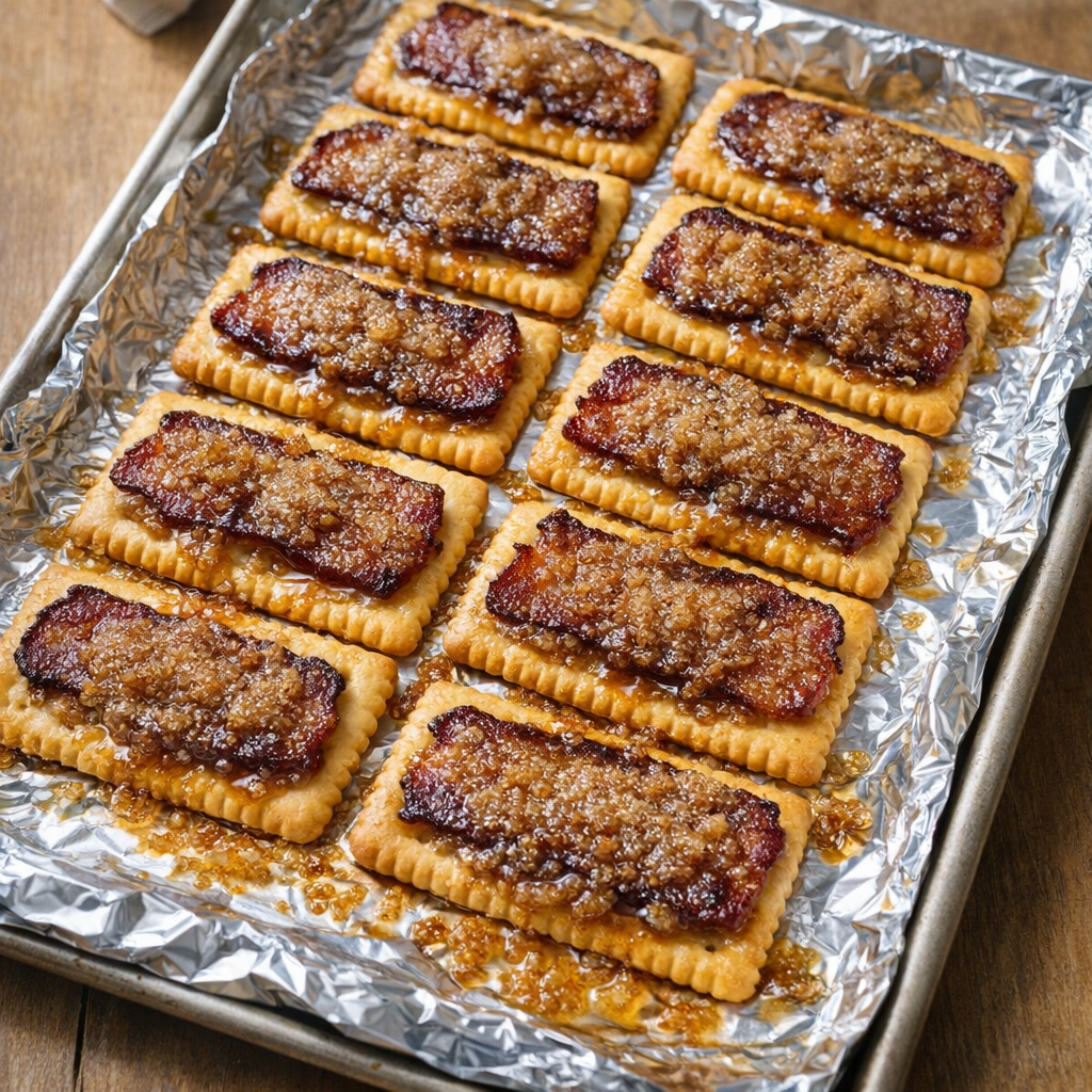 Crackers lined up on a foil-lined baking sheet