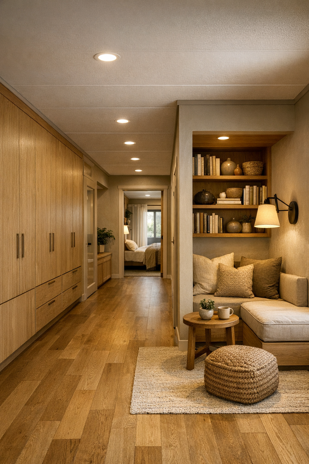 Warm transitional area with oak millwork, reading nook, and accessible circulation
