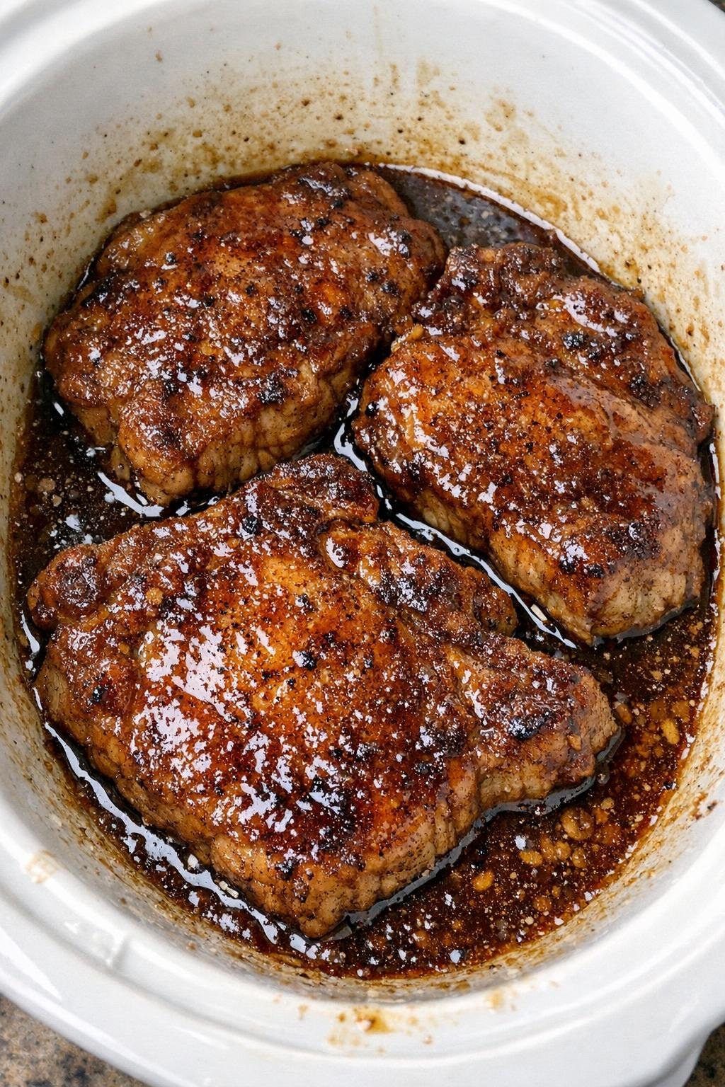 Finished brown sugar cinnamon pork chops in the slow cooker