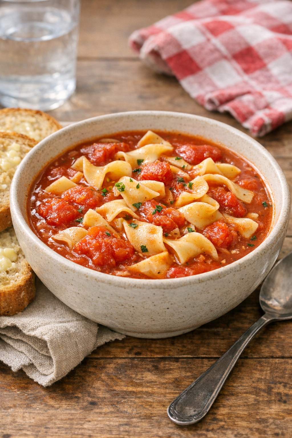 Plated bowl of Amish tomato noodle soup with bread on the side