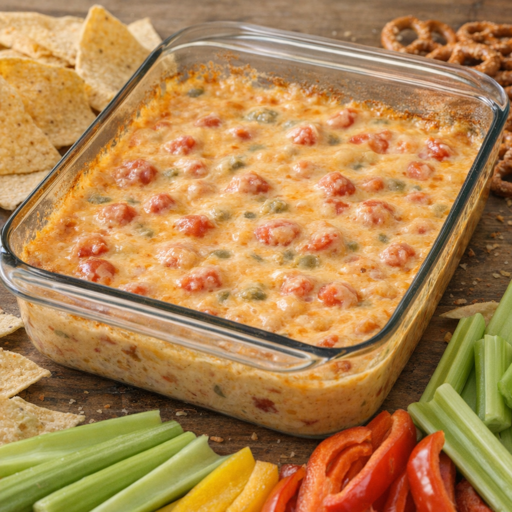 Serving spread of Rotel dip with chips and vegetables