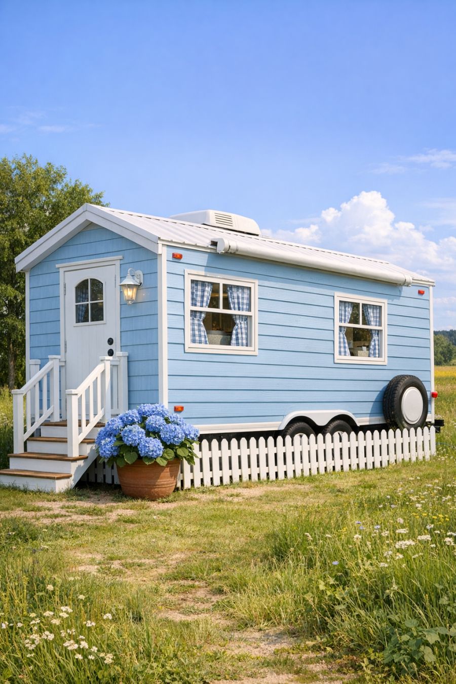 Walk right into this powder blue cottage RV camper featuring white ...