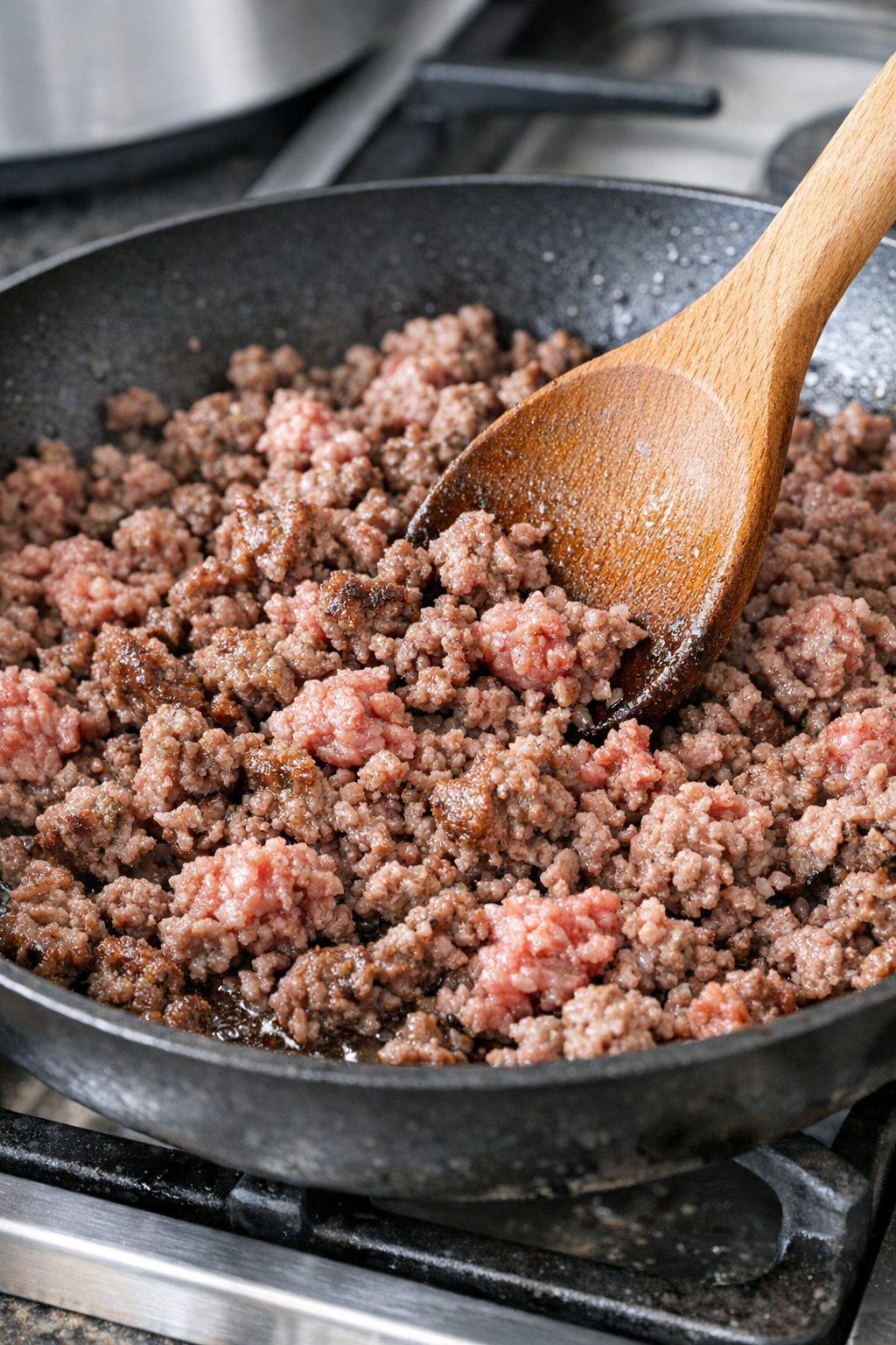Ground beef browning in a skillet