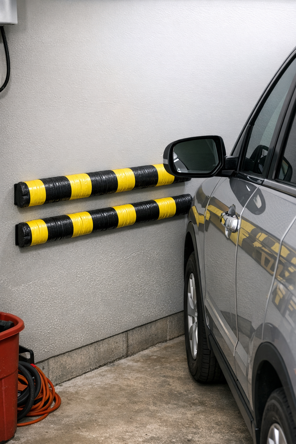 Finished DIY impact-resistant garage bumpers on wall