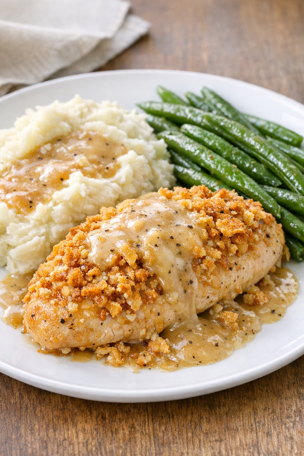 Plated butter cracker chicken with sides
