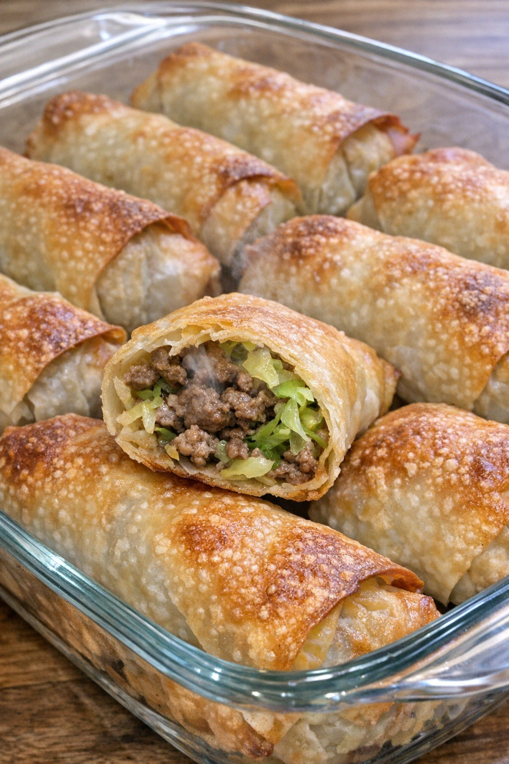Golden baked beef egg rolls in a casserole dish