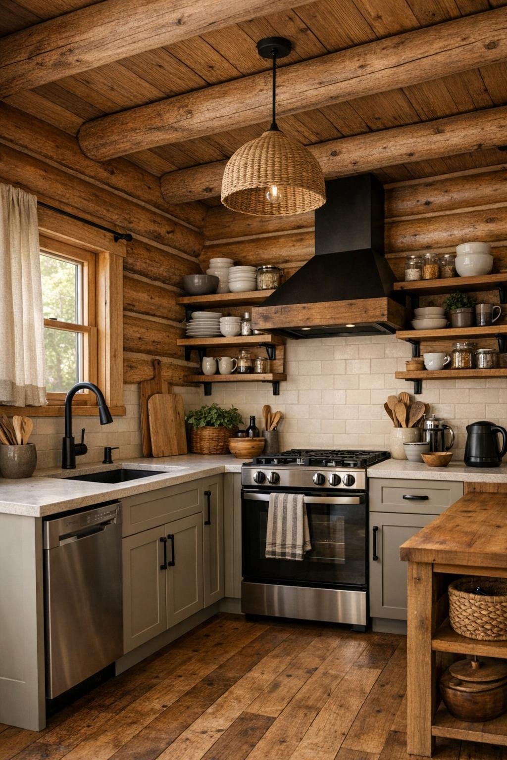 Compact rustic modern kitchen with muted cabinetry, stone counters, and wood accents