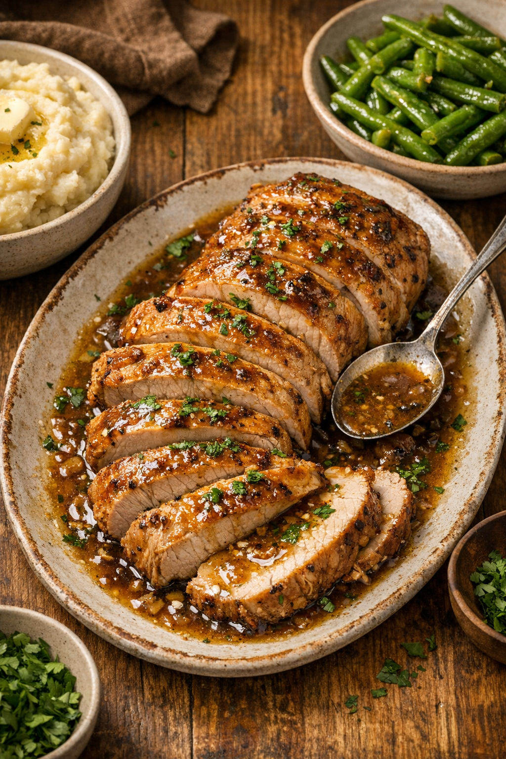Finished sliced pork loin roast on a platter