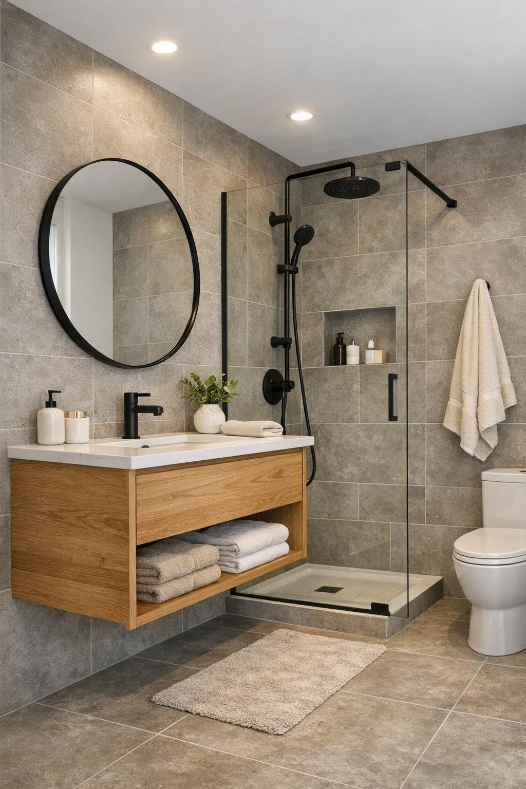 Modern bathroom with warm gray tile, floating oak vanity, and black fixtures