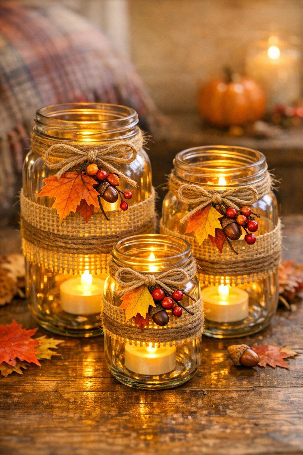 Finished trio of fall lanterns made from old pickle jars