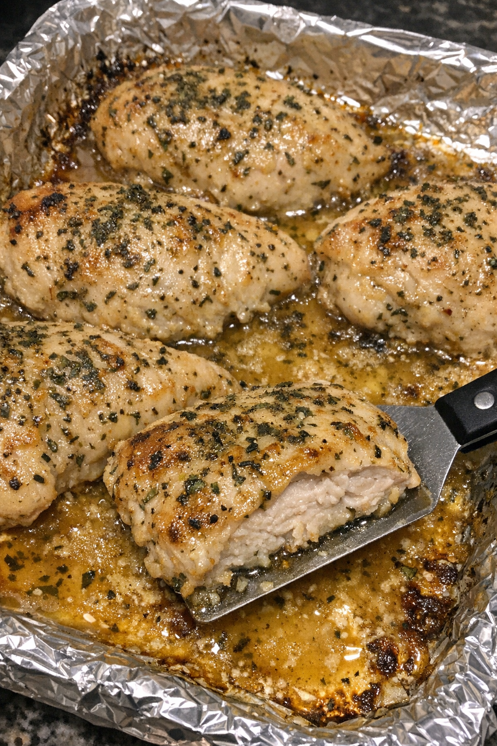 Herb-flecked chicken breasts in golden sauce on a foil-lined baking sheet