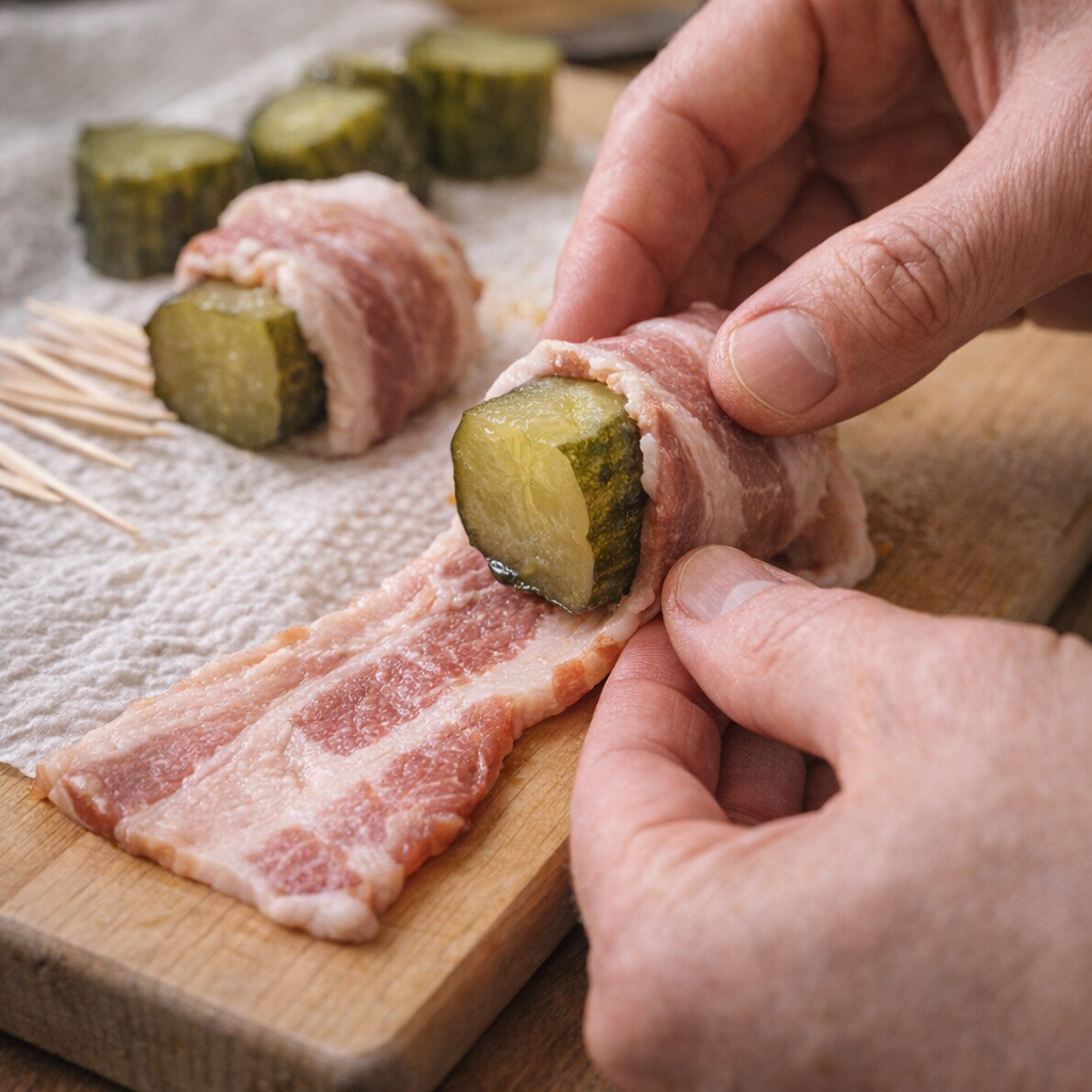 Hands wrapping bacon around pickle chunks
