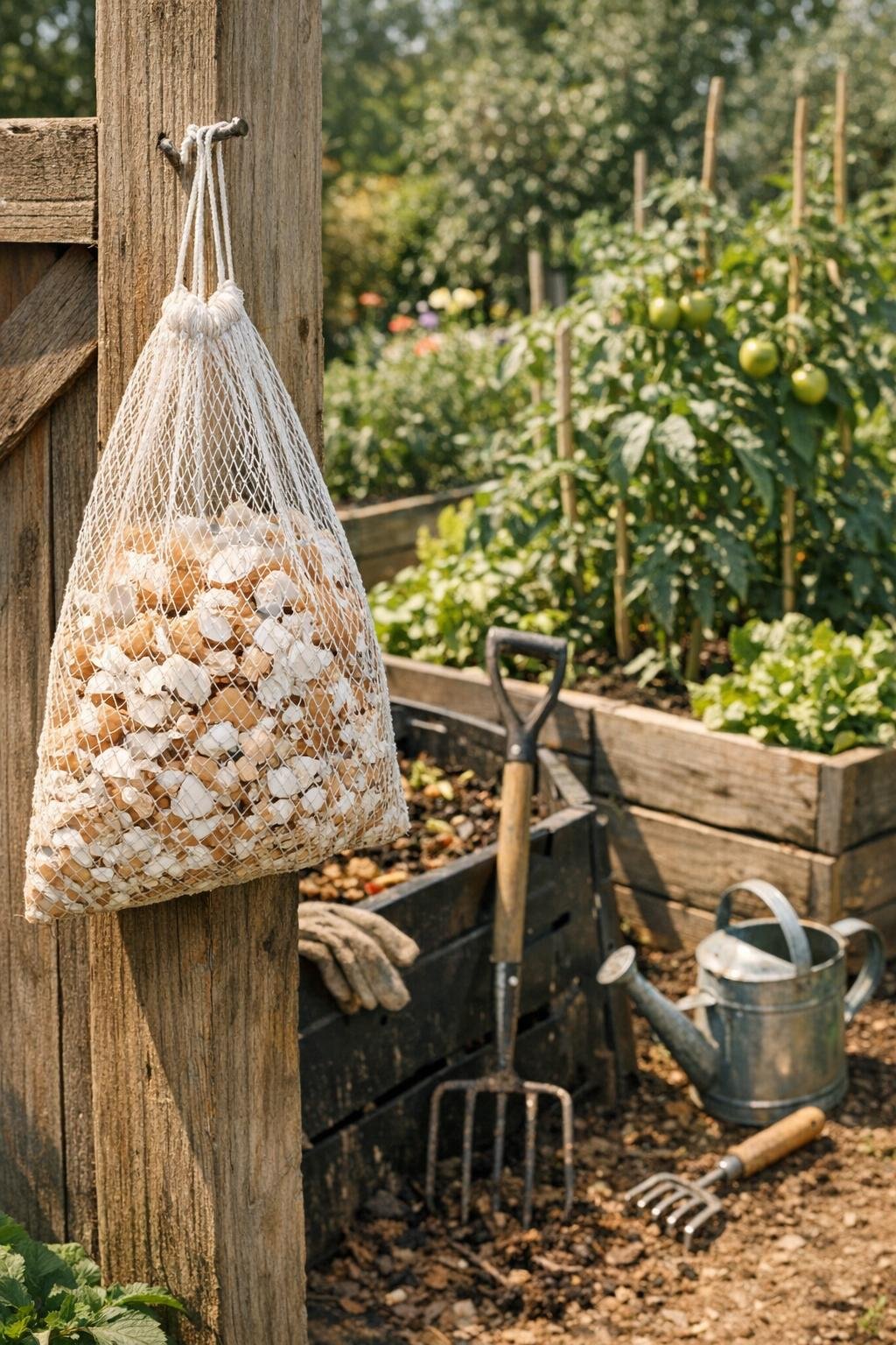 Eggshells stored in a mesh bag beside a compost area and garden beds