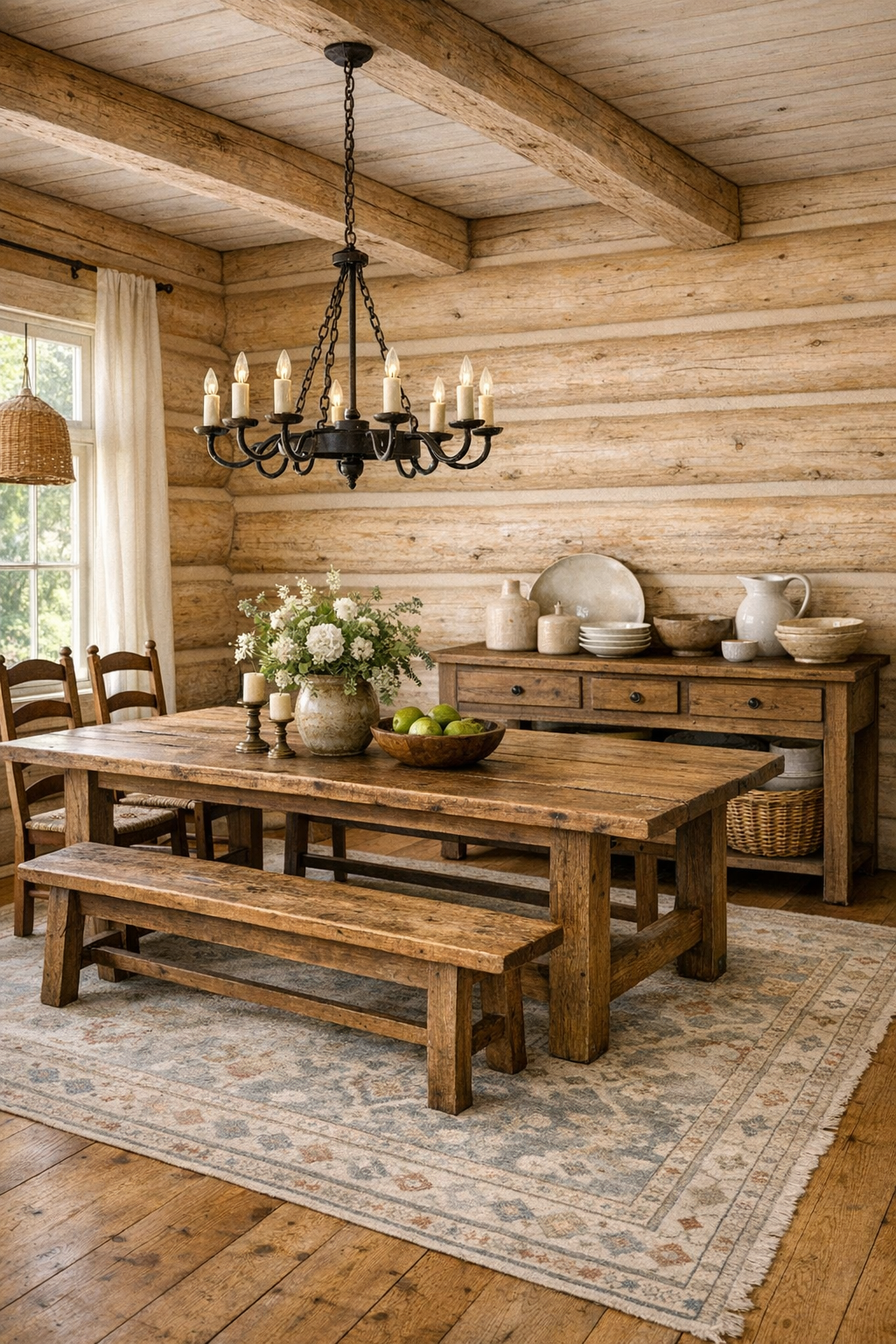 Rustic dining room with handcrafted wood table in a light log home
