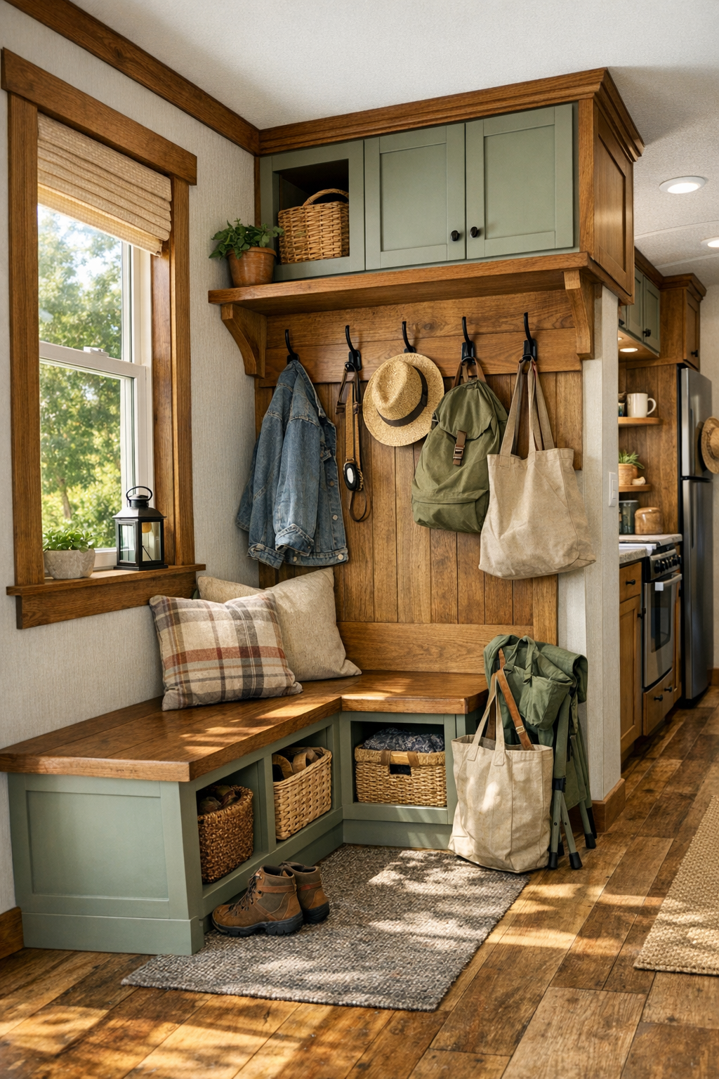 Functional entry and built-in storage area with craftsman millwork