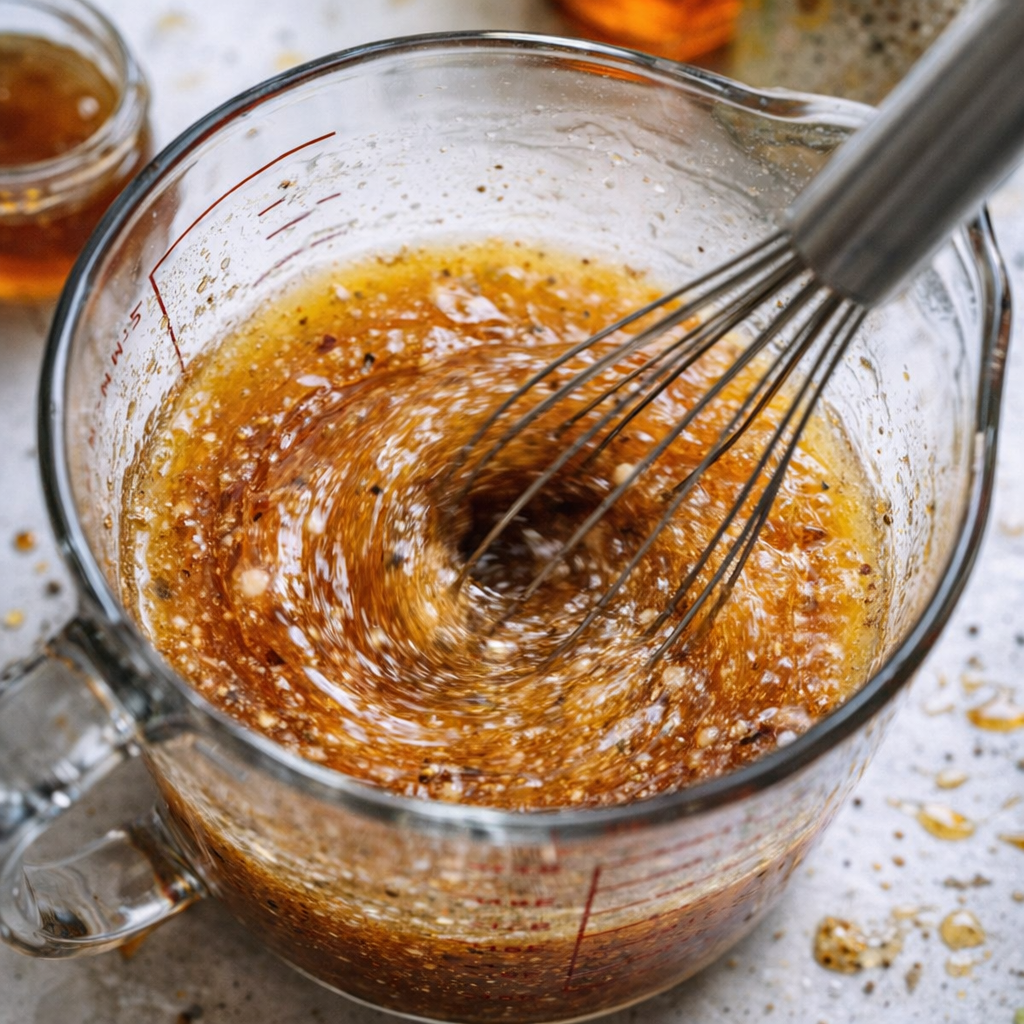 Honey and Italian dressing being whisked together in a measuring cup