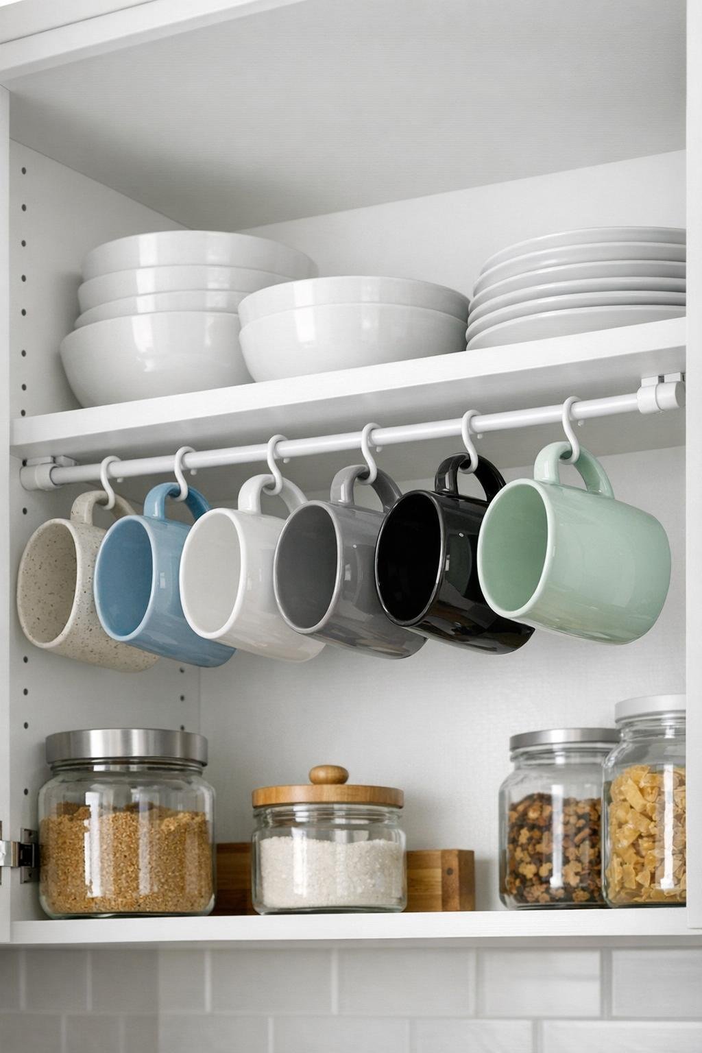 Finished under-cabinet mug rack made with a slim white tension rod