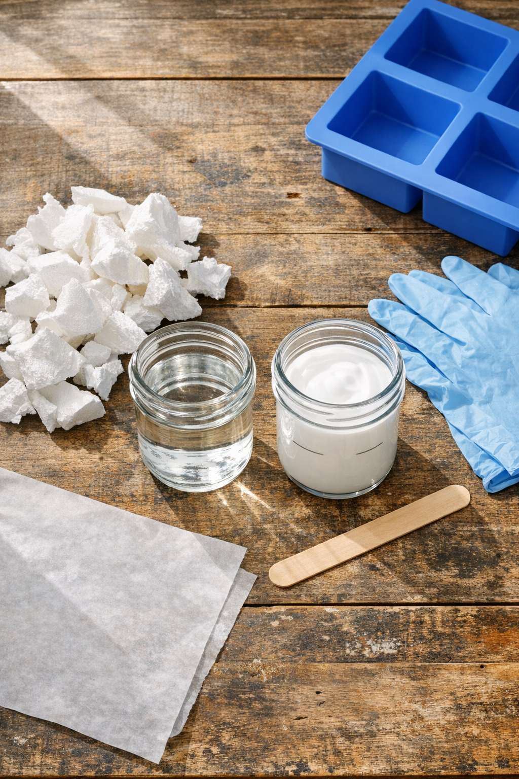 Materials for faux ceramic outdoor tiles laid out on a worktable