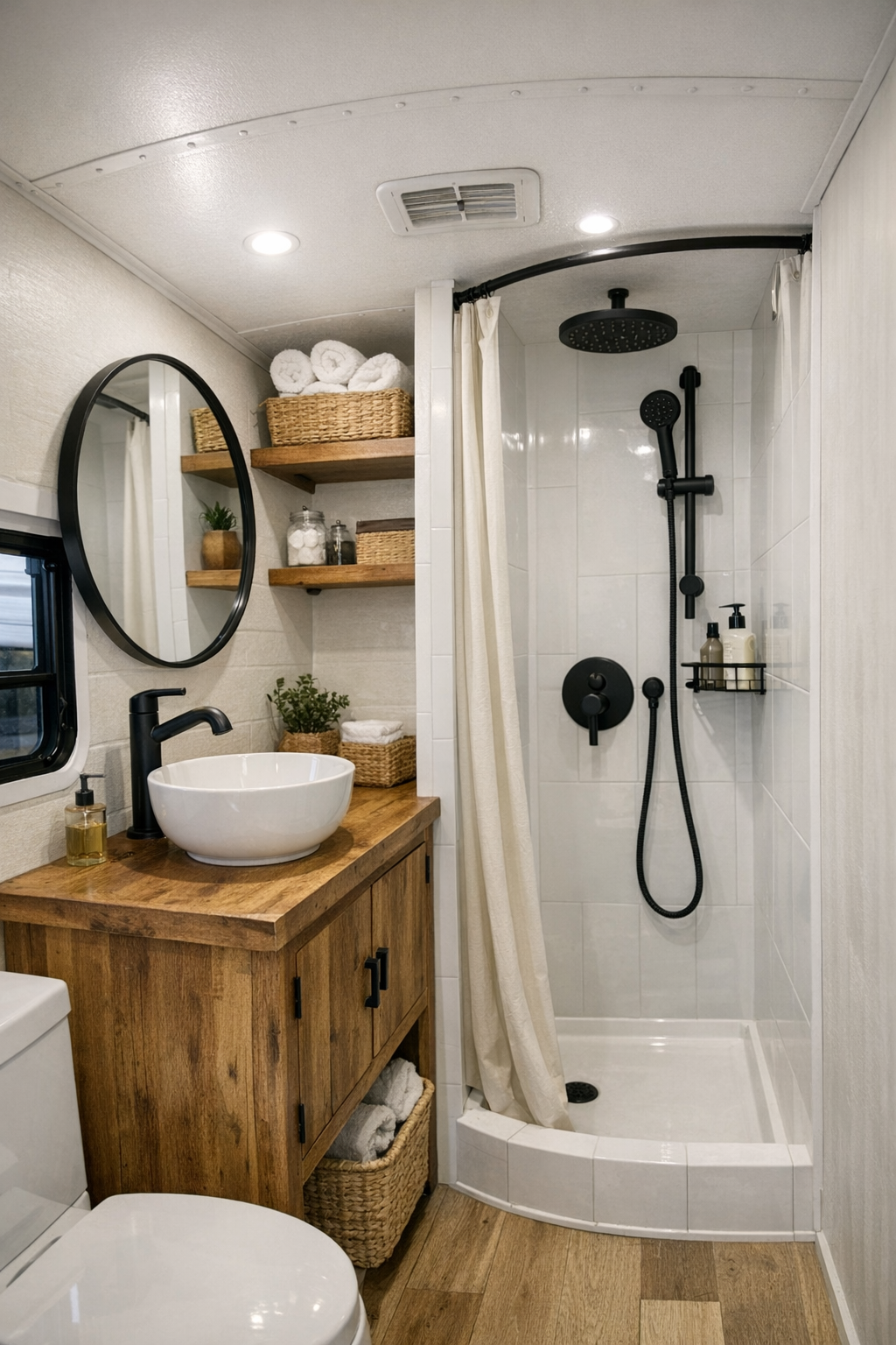 Small rustic bus bathroom with wood vanity, round mirror, and matte black fixtures