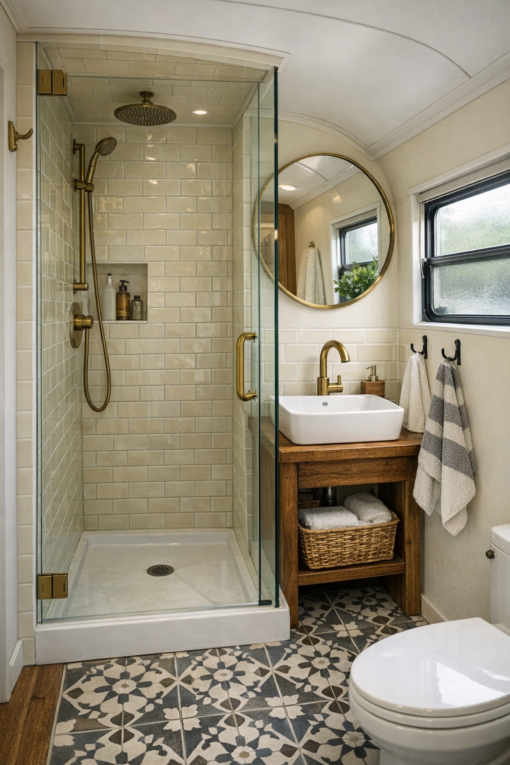 Compact bus bathroom with tiled shower and warm wood vanity