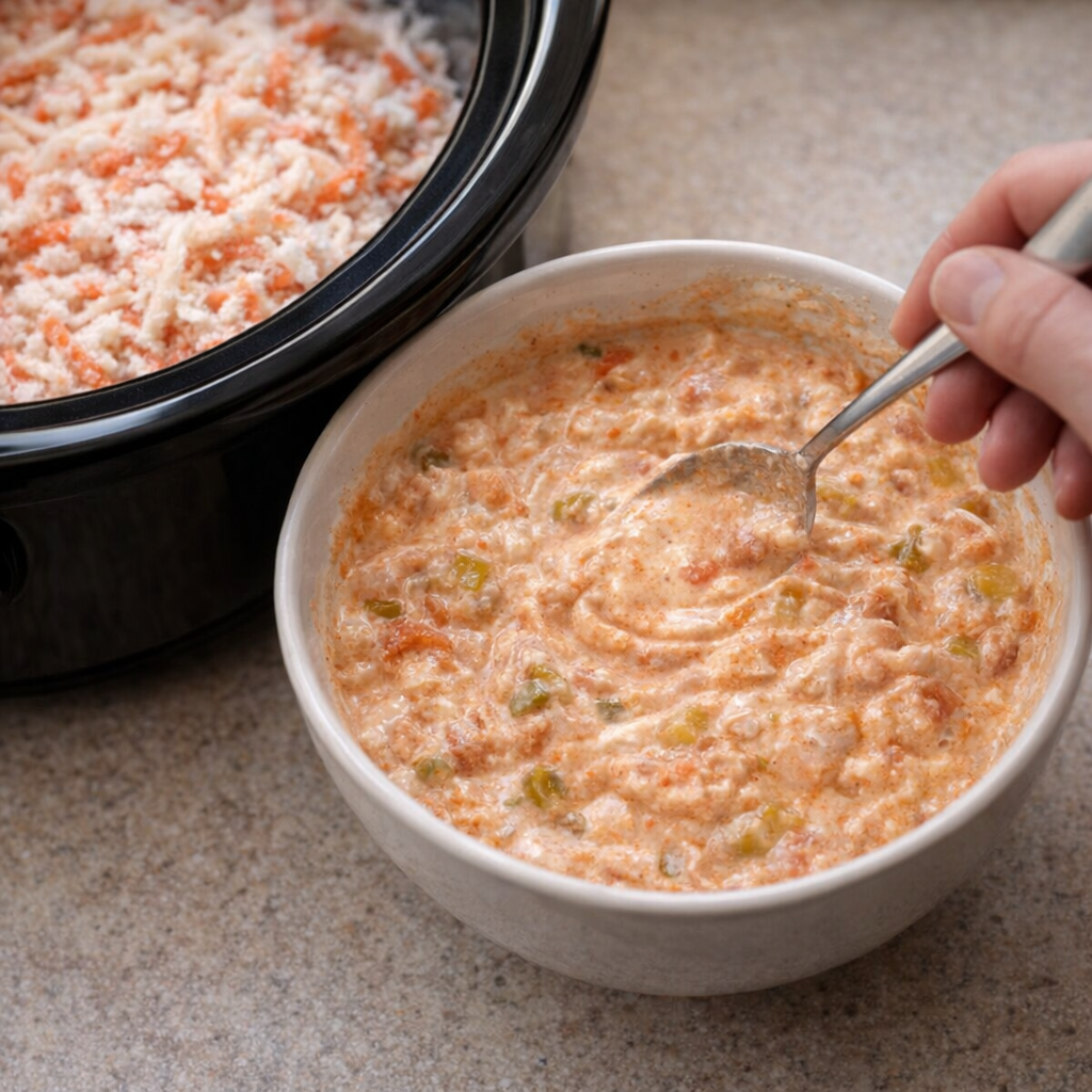 Creamy salsa mixture being stirred in a mixing bowl beside a slow cooker
