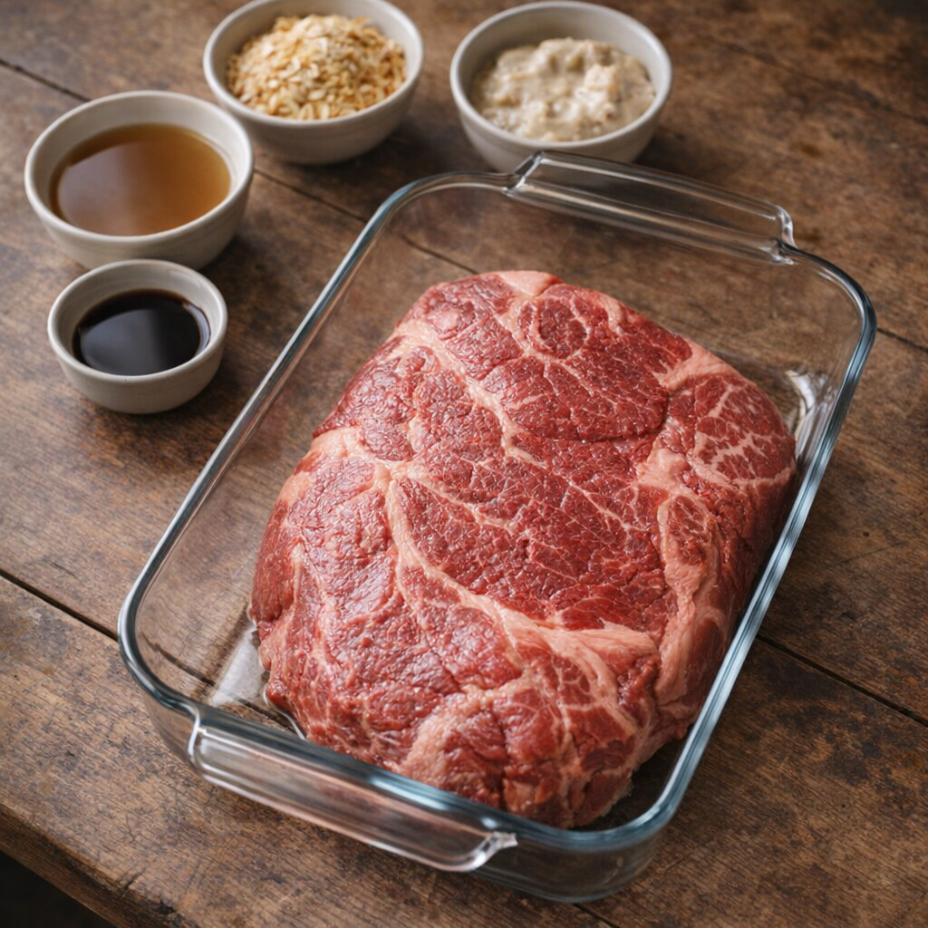 Chuck roast in a baking dish ready for the oven
