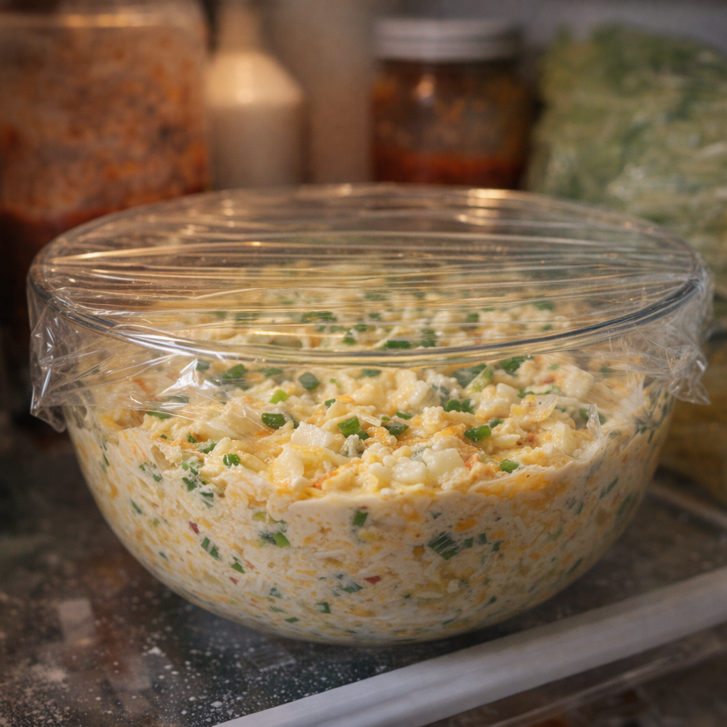 Prepared gratin mixture covered for make-ahead refrigeration