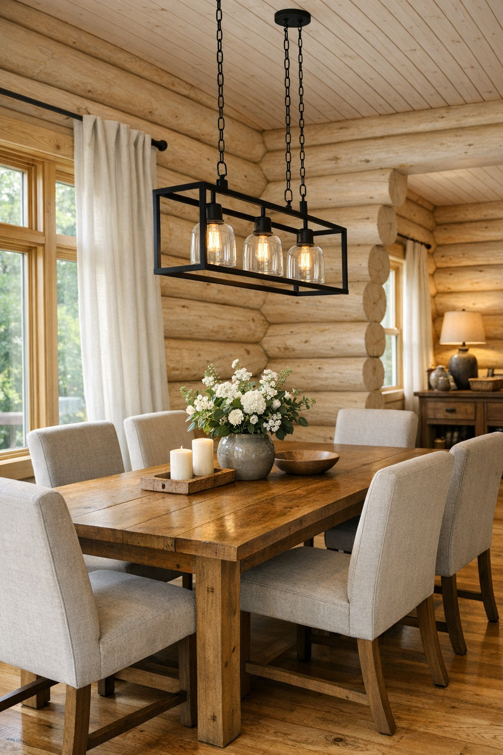 Cozy dining room with pale log walls, a solid wood table, upholstered chairs, and soft natural light