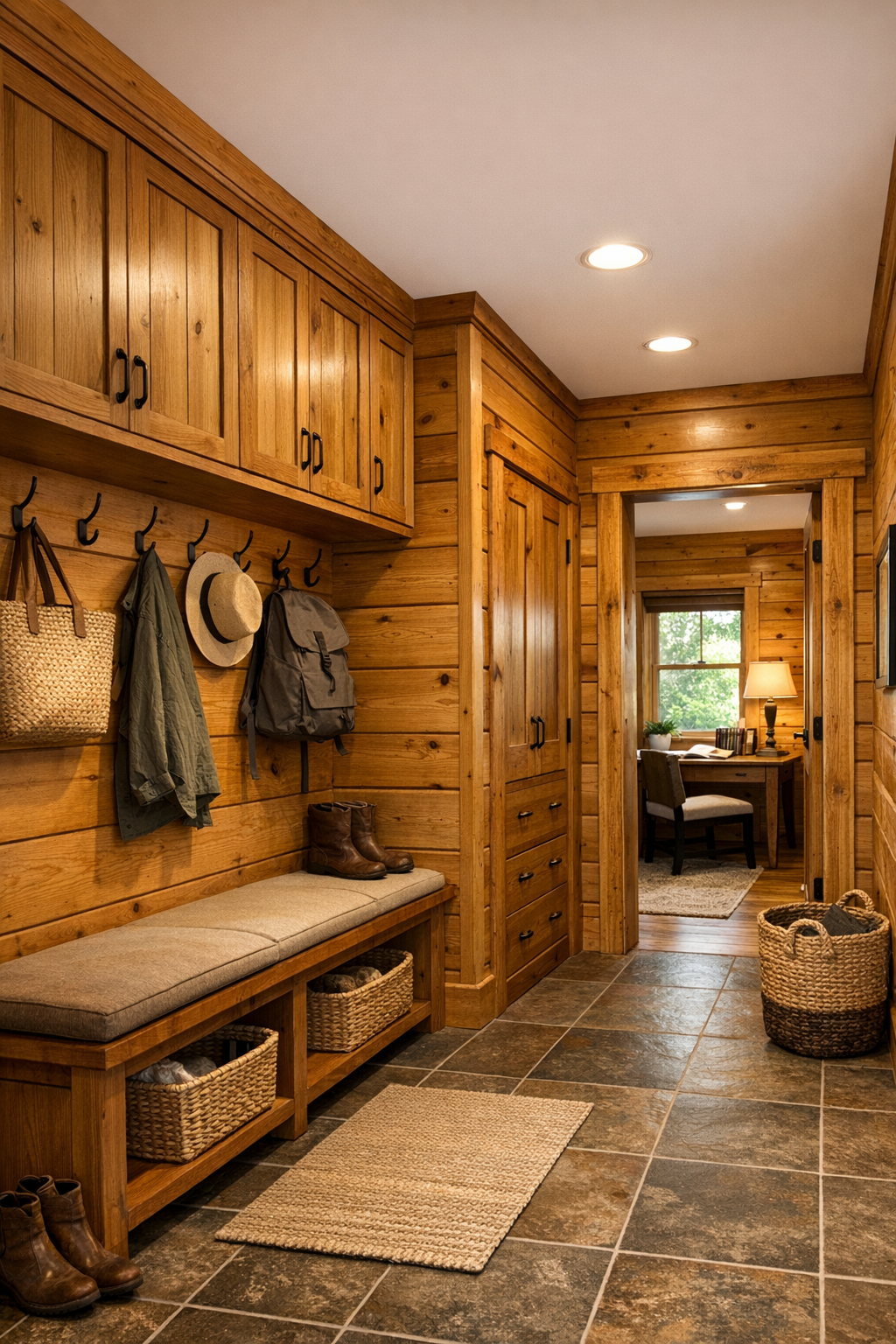 Thoughtful mudroom and hallway with built-in storage in a log home