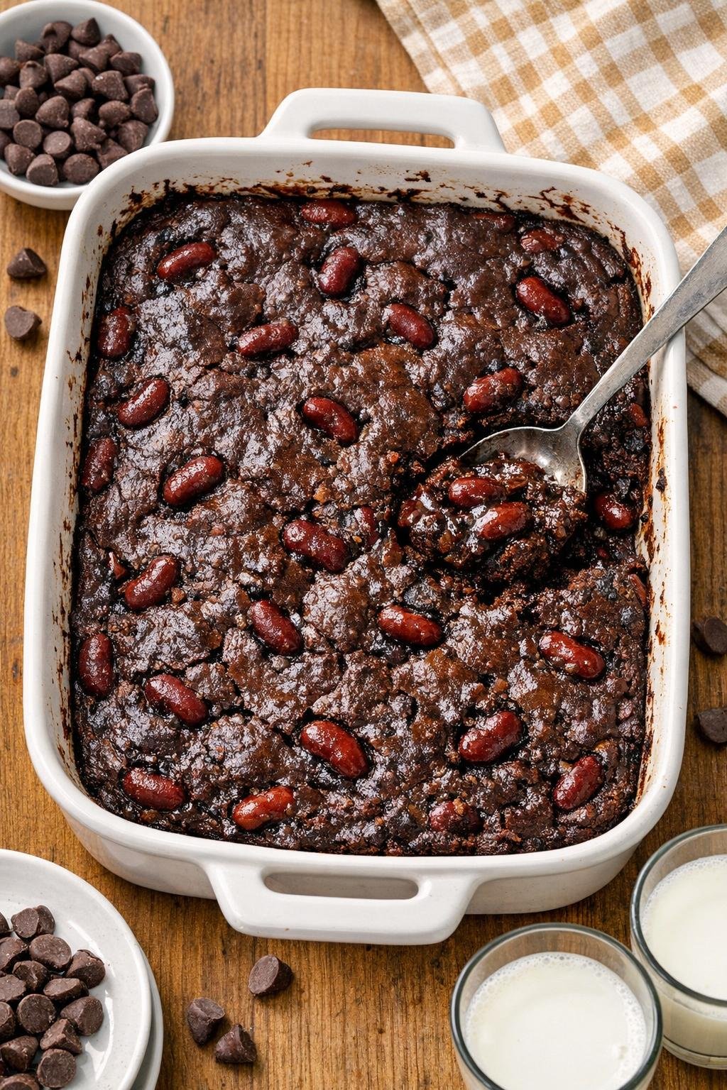 Finished baked kidney bean chocolate dessert in a ceramic baking dish